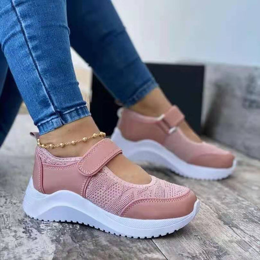 2021 Spring And Autumn New Casual Sports Shoes Women's Flat Bottom Thick Bottom Velcro Solid Color Flying Woven Wish Amazon
